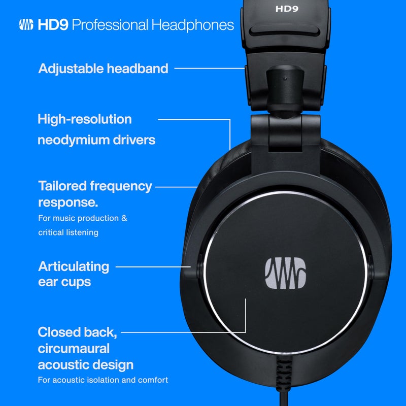 PreSonus HD9 Professional Monitoring Headphones â€” High-Power Handling, Closed-Back, Circumaural Acoustic Design Studio Recording Headphones for Professional Mixing and Monitoring - Image 3